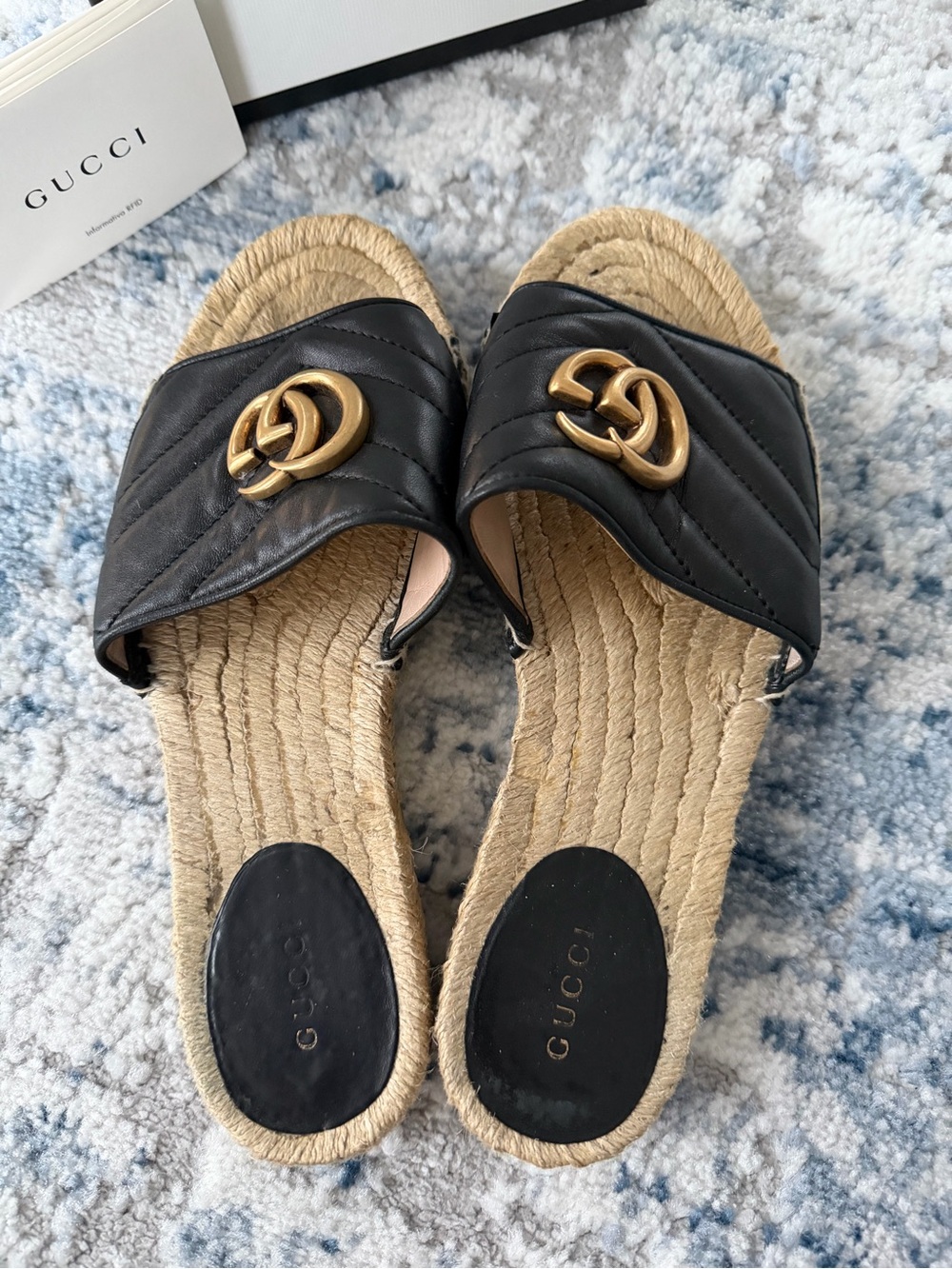 Gucci Black Quilted Leather GG Espadrille Slides with Gold Hardware - Picture 3 of 9
